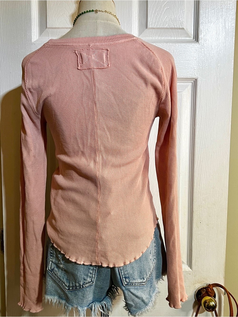 We The Free Wms Powder Pink Cotton Stretch Waffle Knit Thermal Casual Top S - Picture 4 of 9